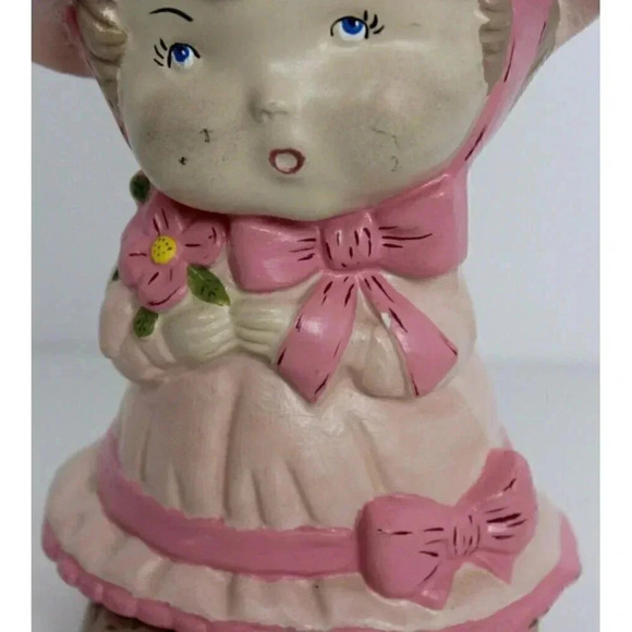 VTG 1970s Big Bonnet Girl Figure BABY Kitsch BROWN Hair Ceramic Statue Flowers - Picture 5 of 5